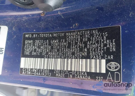 2015 Toyota Corolla S Plus z USA, uszkodzony, nr VIN 2T1BURHEXFC358707